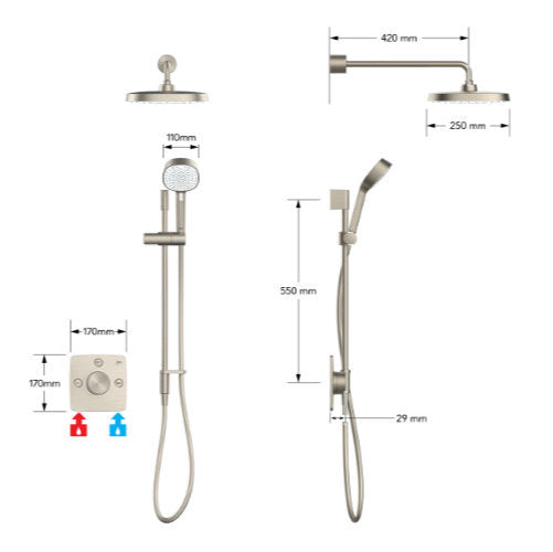 Mira Evoco Triple Outlet Shower  with Hydroglo - Brushed Nickel