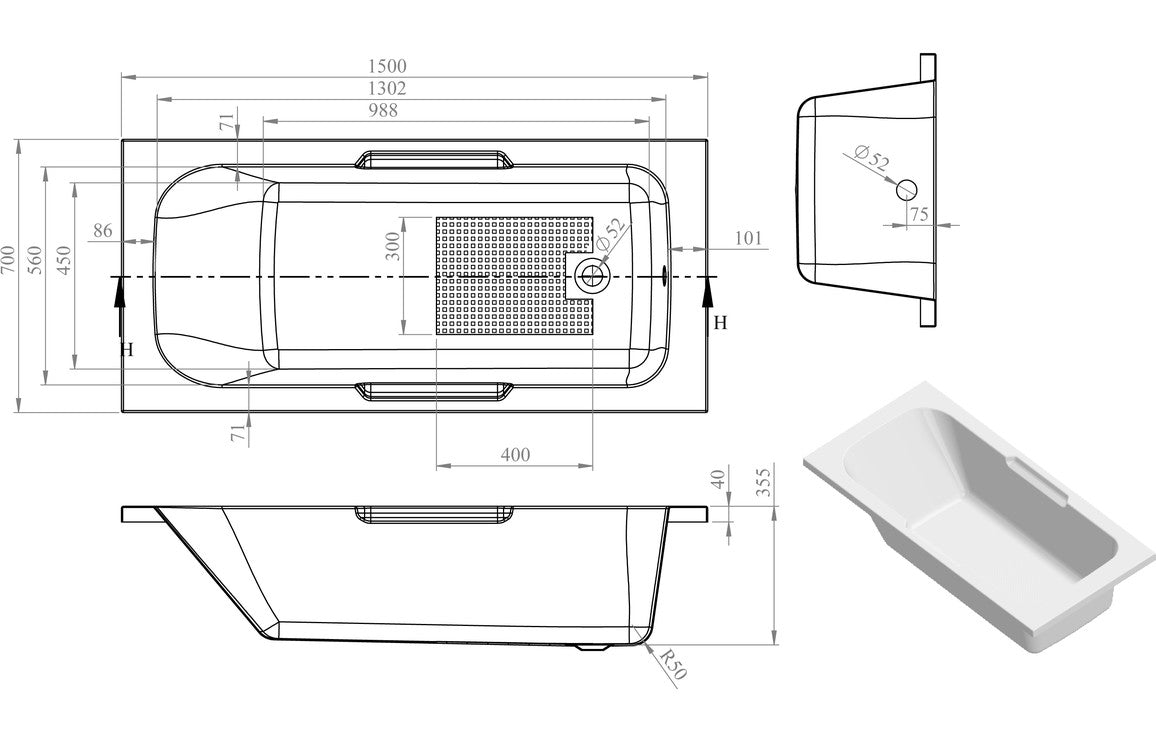 Kuuva Single Ended Twin Grip 1500/ 1600/ 1700 X 700 mm 0TH Bath & Legs