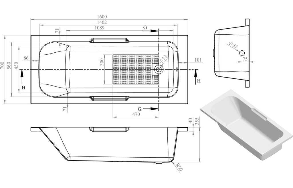 Kuuva Single Ended Twin Grip 1500/ 1600/ 1700 X 700 mm 0TH Bath & Legs