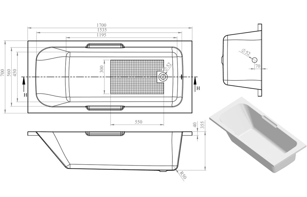 Kuuva Single Ended Twin Grip 1500/ 1600/ 1700 X 700 mm 0TH Bath & Legs