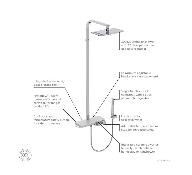 Ideal Standard Ecotherm S200 Exposed Thermostatic Shelf Shower - Chrome