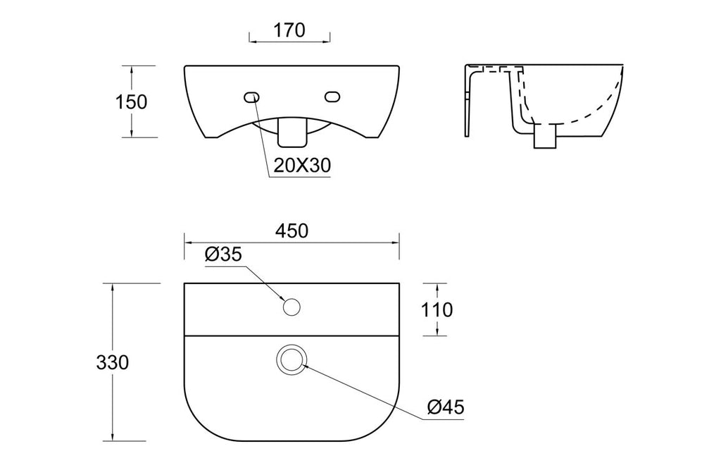 Chorus 450x320mm 1TH Cloakroom Basin & Bottle Trap