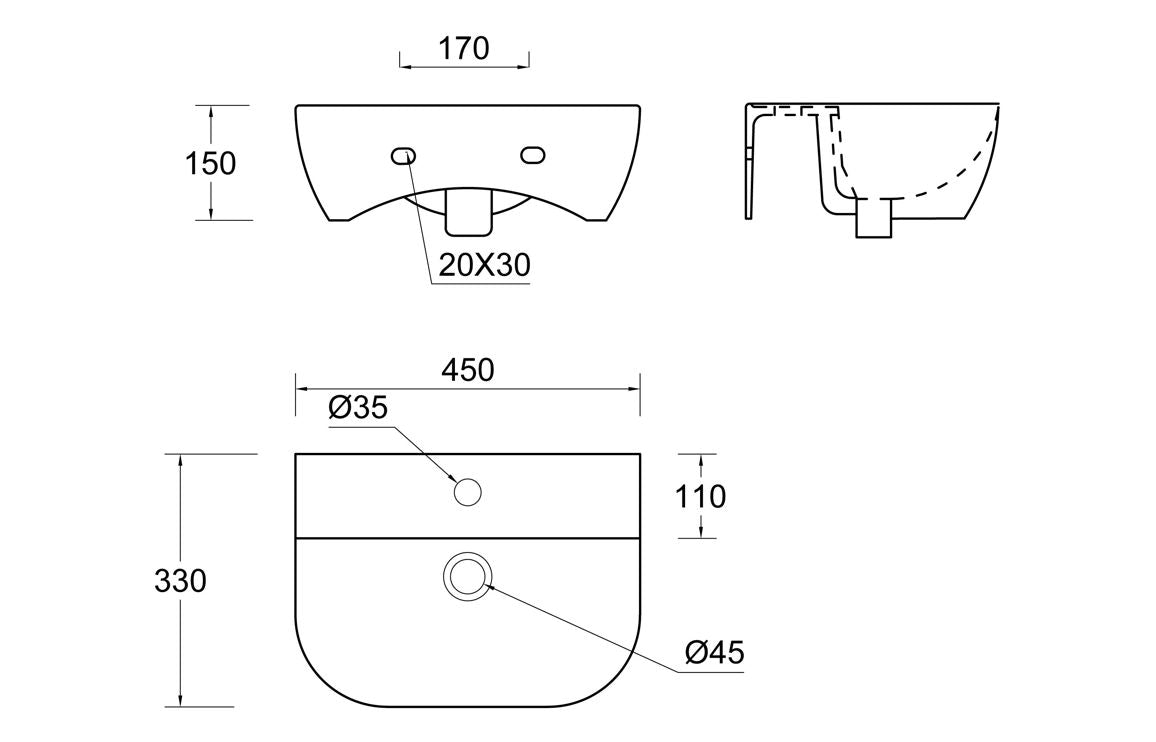 Chorus 450x320mm 1TH Cloakroom Basin & Bottle Trap