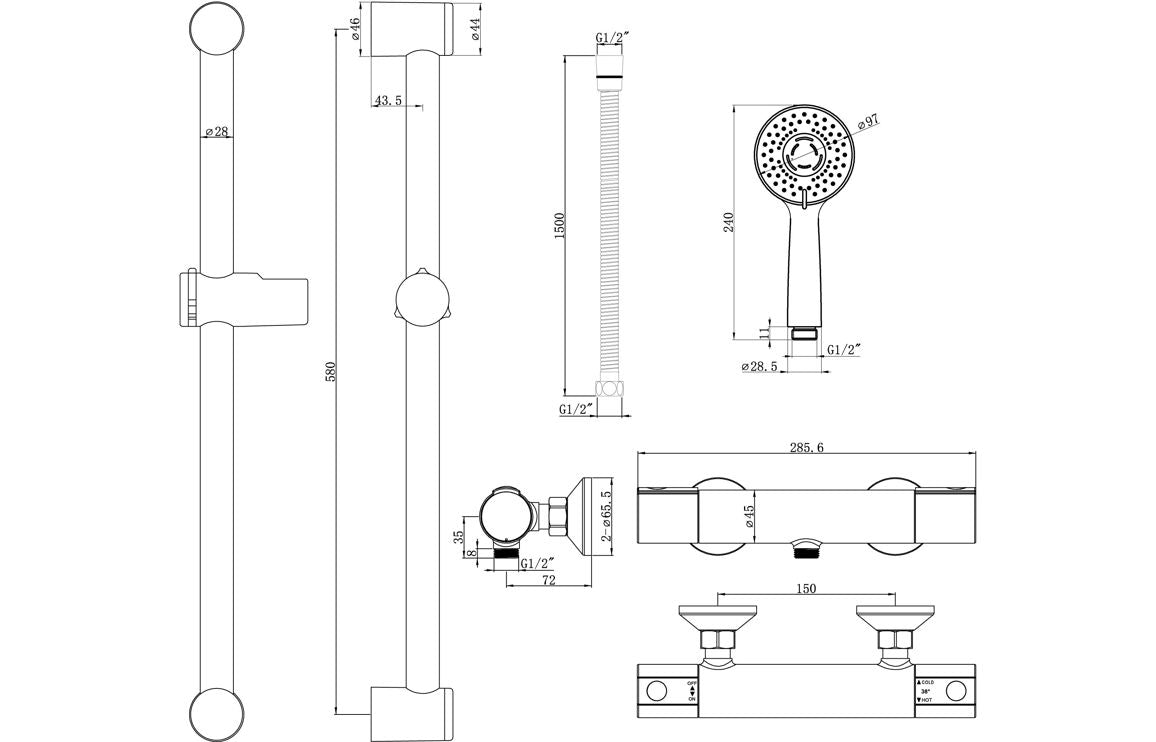 Cotta One Outlet Thermostatic Bar Mixer Round Shower - Chrome