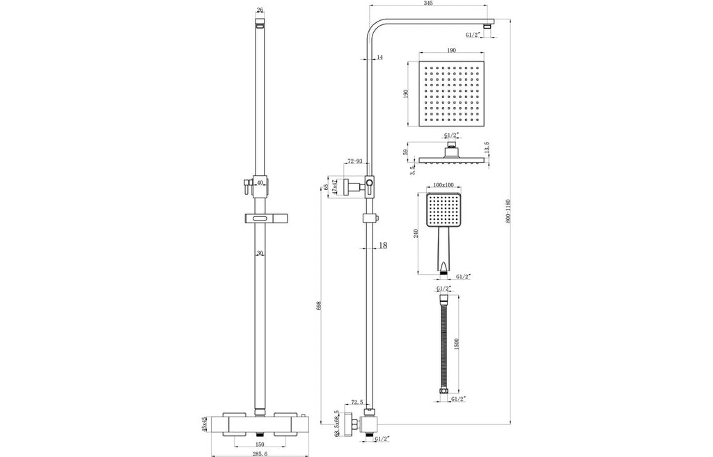 Avish Two Outlet Thermostatic Mixer Shower w/Riser & Overhead Kit - Chrome