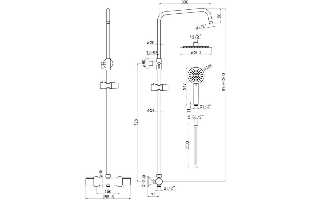 Cotta Two Outlet Thermostatic Mixer Round Shower w/Riser & Overhead Kit - Chrome