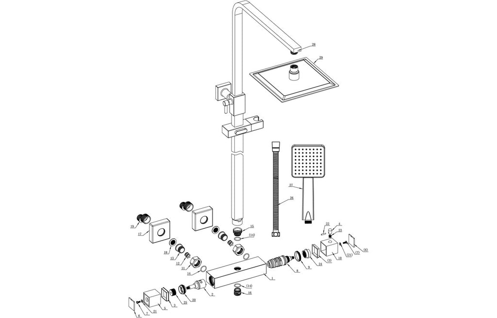 Smick Two Outlet Square Thermostatic Bar Mixer w/Riser Kit - Brass, Black, Chrome, Bronze