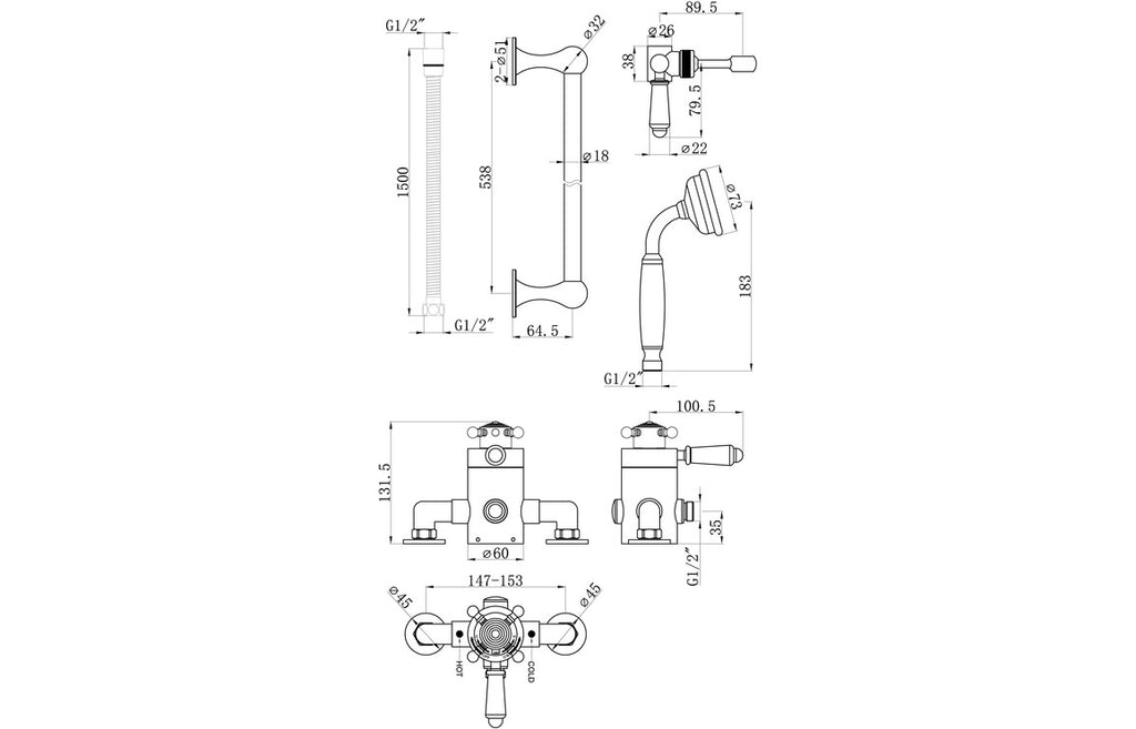 Wicker Single Outlet Shower Valve & Riser Kit - Brass, Chrome