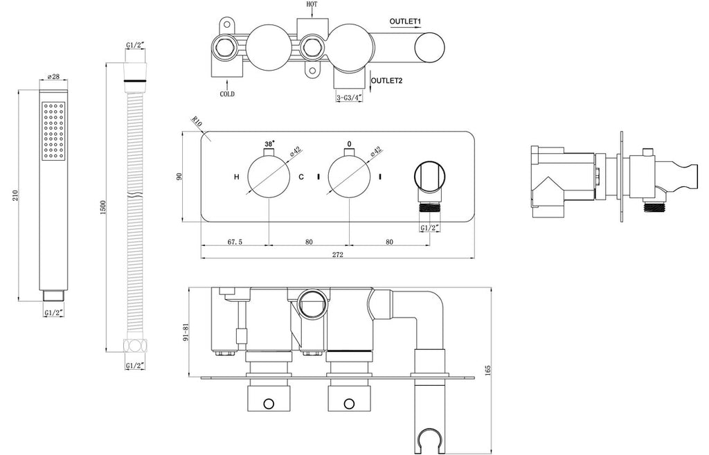 Suhan Two Outlet Shower Valve, Handset & ABS Overhead - Chrome