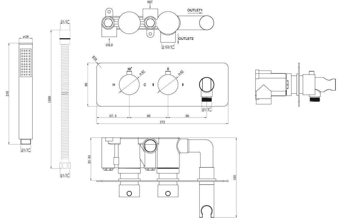 Suhan Two Outlet Shower Valve, Handset & ABS Overhead - Chrome