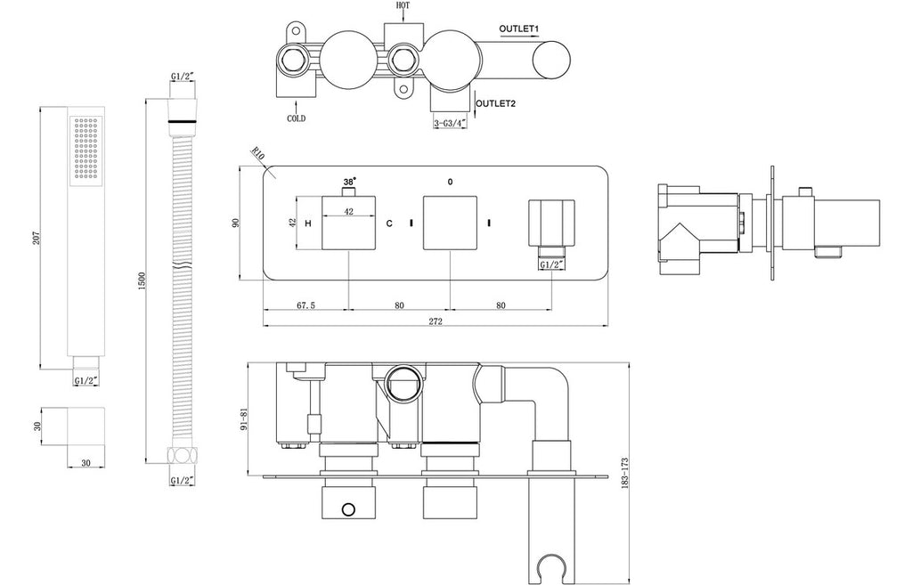 Myra Square Two Outlet Shower Valve, Handset & ABS Overhead - Chrome