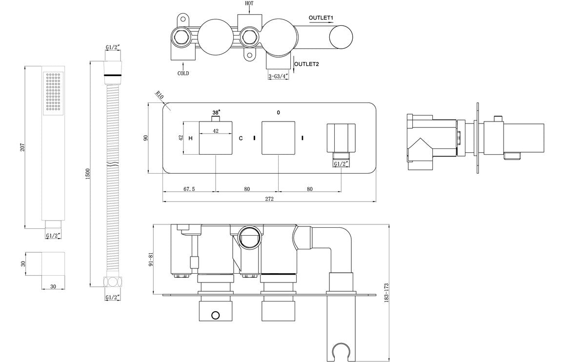 Myra Square Two Outlet Shower Valve, Handset & ABS Overhead - Chrome