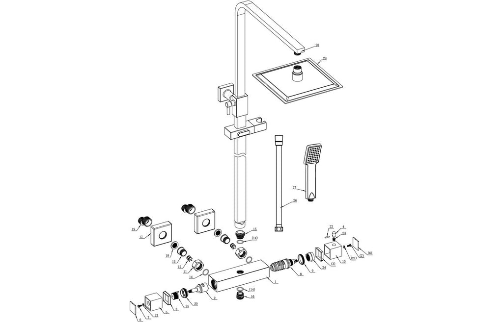 Smick Two Outlet Square Thermostatic Bar Mixer w/Riser Kit - Brass, Black, Chrome, Bronze