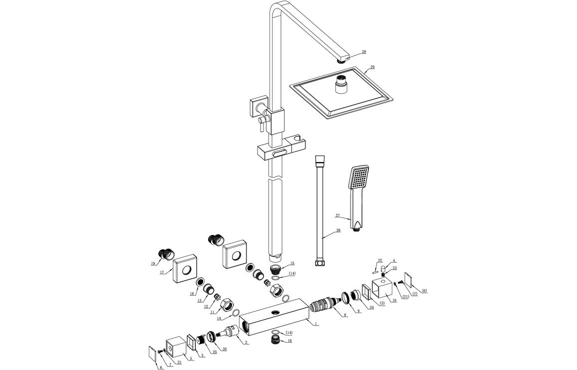 Smick Two Outlet Square Thermostatic Bar Mixer w/Riser Kit - Brass, Black, Chrome, Bronze