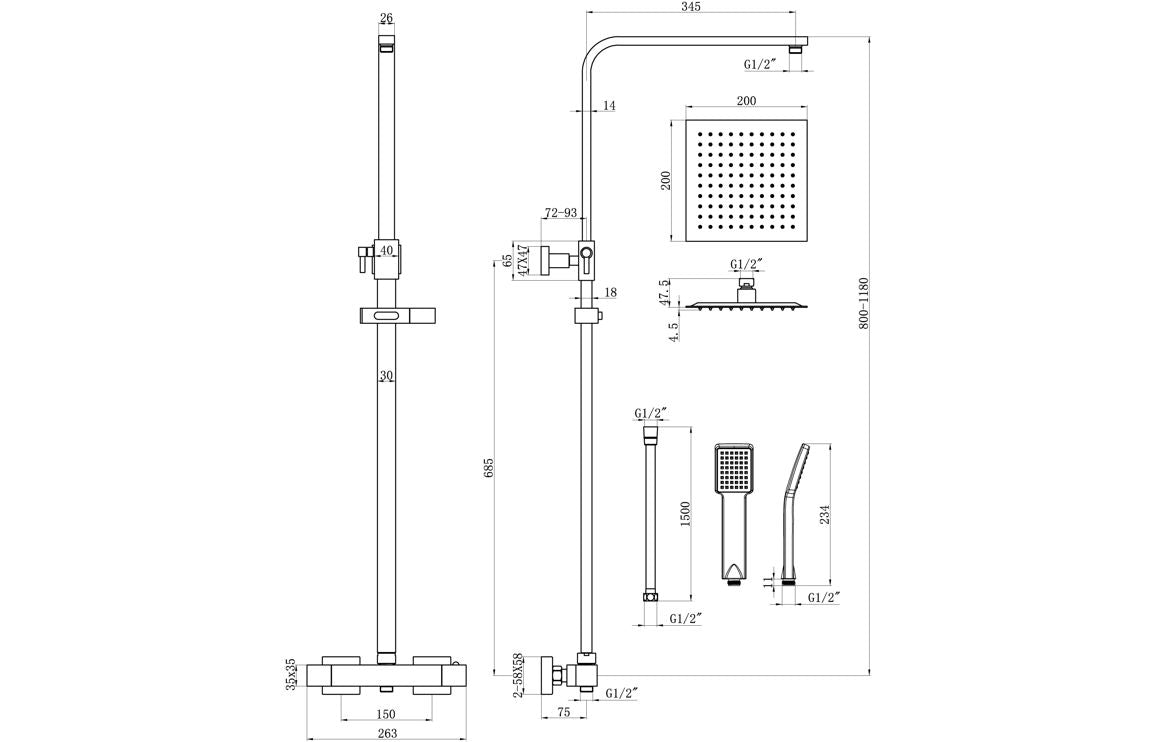 Smick Two Outlet Square Thermostatic Bar Mixer w/Riser Kit - Brass, Black, Chrome, Bronze