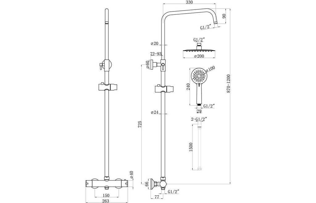 Vira Round Two Outlet Thermostatic Bar Mixer w/Riser Kit - Brass, Black, Chrome, Bronze