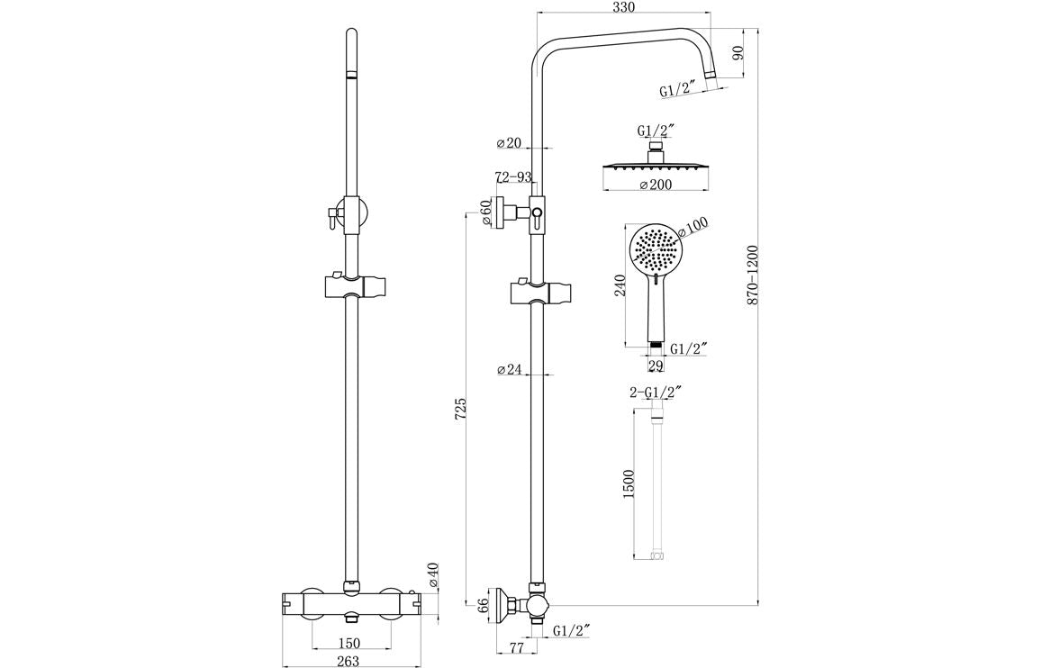 Vira Round Two Outlet Thermostatic Bar Mixer w/Riser Kit - Brass, Black, Chrome, Bronze