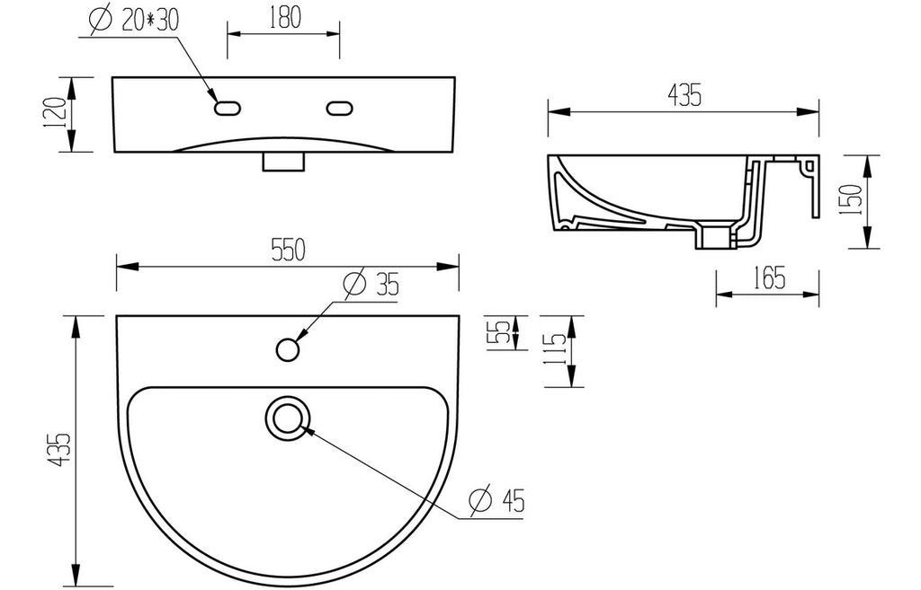 Orant 550X435mm Basin & Full /  Semi Pedestal/ Semi Recessed