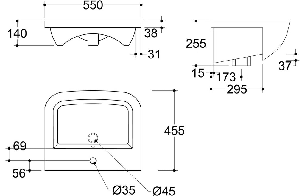 Chorus 520/ 560 X 450mm Basin & Full Pedestal/ Semi Recessed