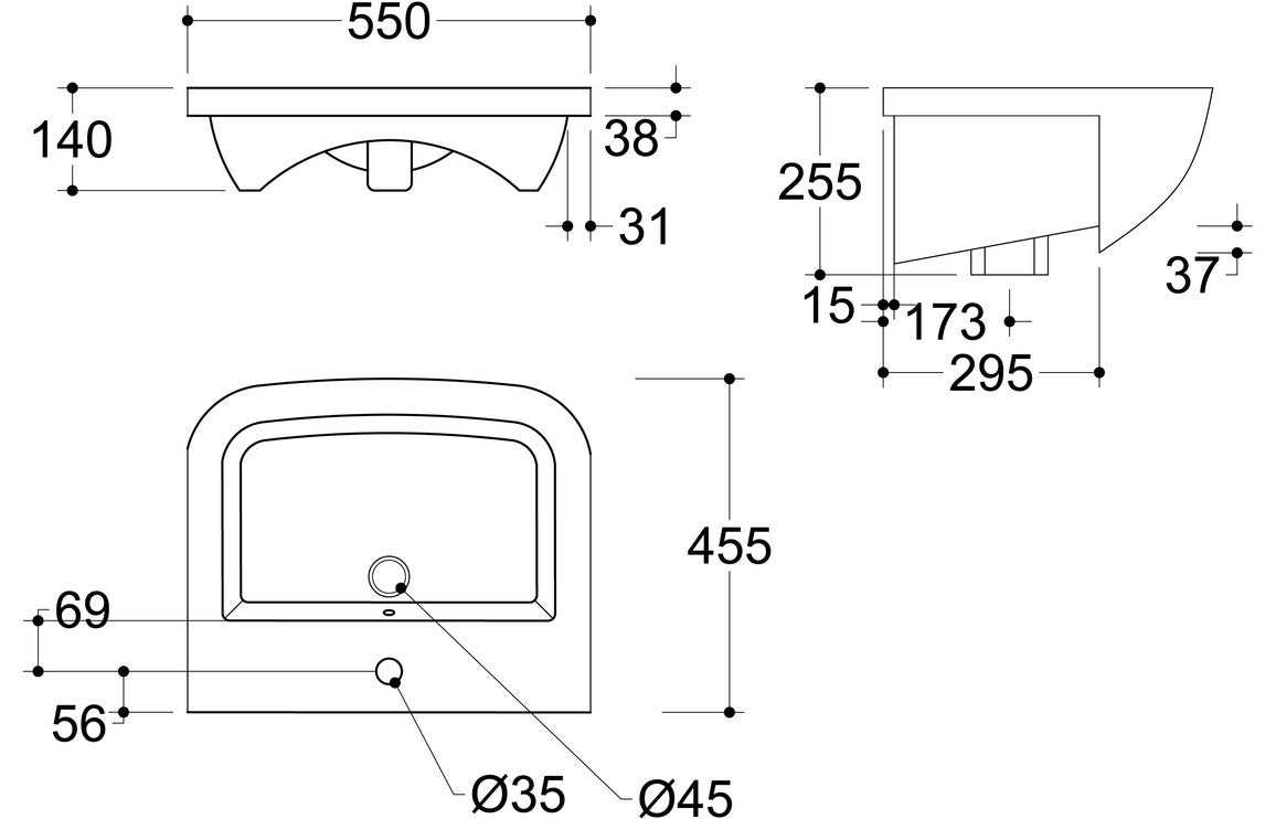 Chorus 520/ 560 X 450mm Basin & Full Pedestal/ Semi Recessed
