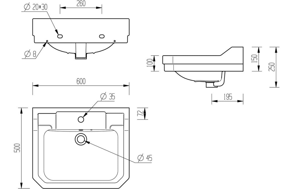 Royal 600x500mm Basin & Full Pedestal/ Semi recessed 495mm