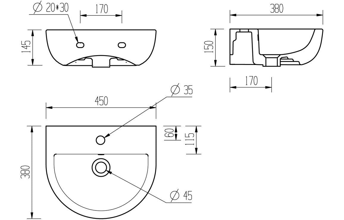 Monte 450x400mm 1TH Cloakroom Basin & Bottle Trap