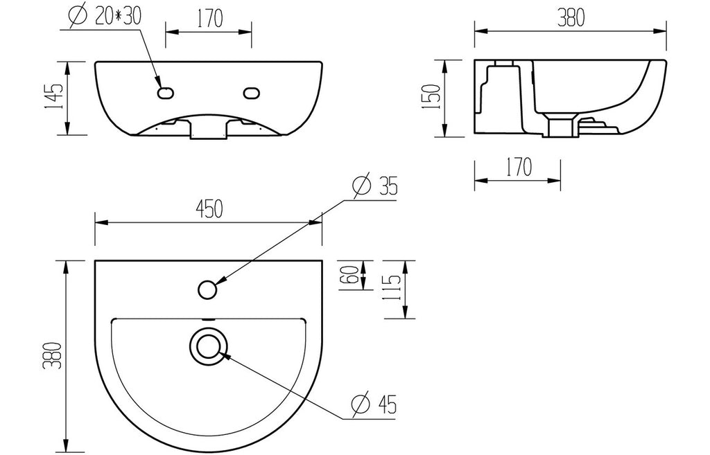 Monte 450/ 550 X 400mm Basin & Full /  Semi Pedestal/ Semi Recessed
