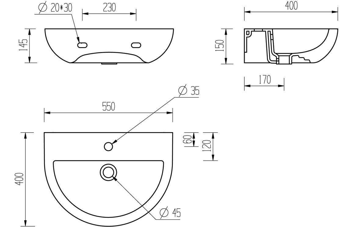 Monte 450/ 550 X 400mm Basin & Full /  Semi Pedestal/ Semi Recessed