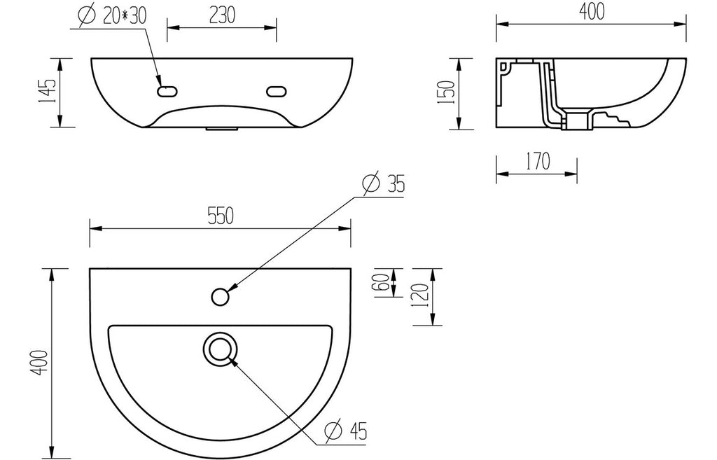 Monte 450/ 550 X 400mm Basin & Full /  Semi Pedestal/ Semi Recessed