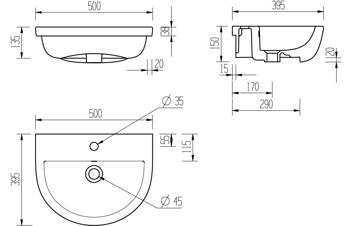 Monte 450/ 550 X 400mm Basin & Full /  Semi Pedestal/ Semi Recessed