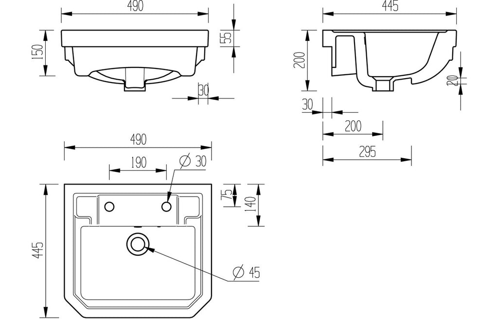 Royal 600x500mm Basin & Full Pedestal/ Semi recessed 495mm