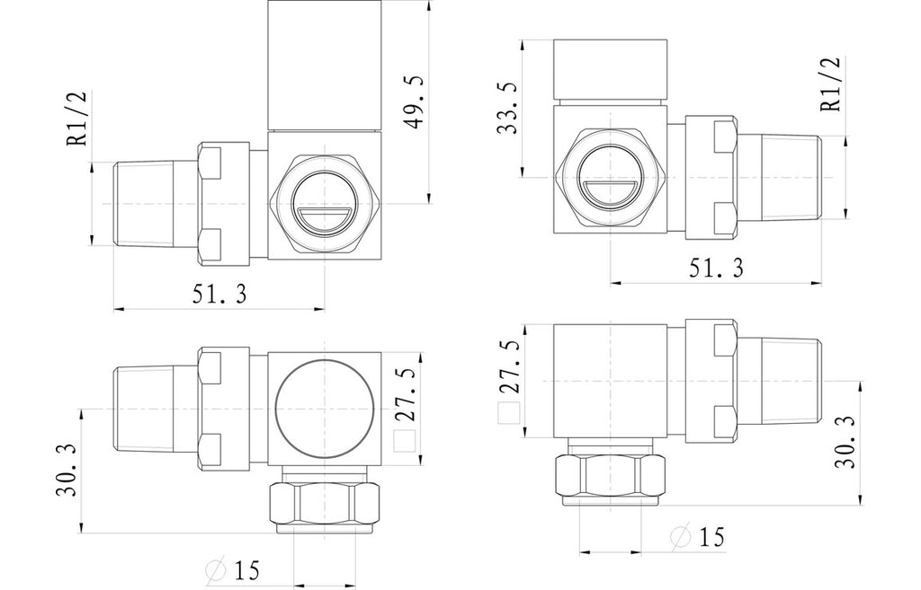 Square Chrome Radiator Valves - Angled/ Straight/ Corner