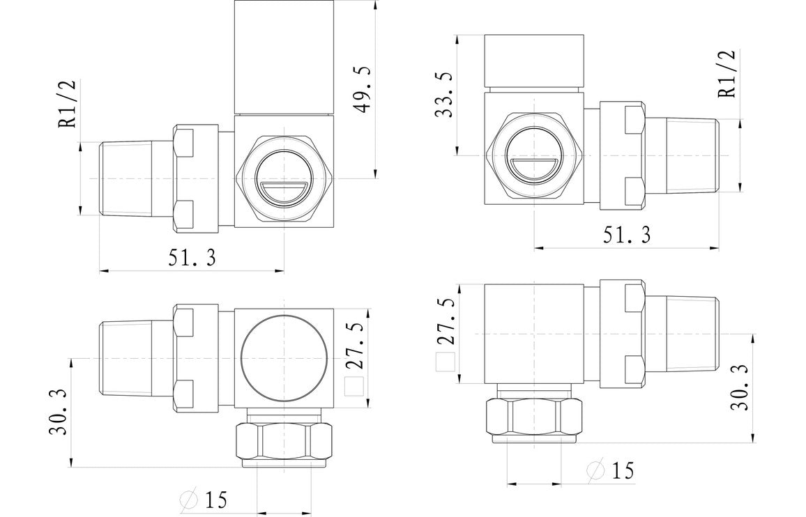 Square Chrome Radiator Valves - Angled/ Straight/ Corner