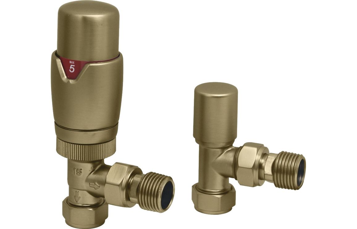 Thermostatic Brushed Brass Radiator Valves - Angled/ Straight/ Corner