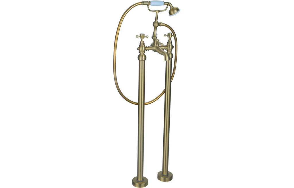 Kad Traditional Floor Standing Bath Filler with Shower Mixer - Brushed Brass, Chrome