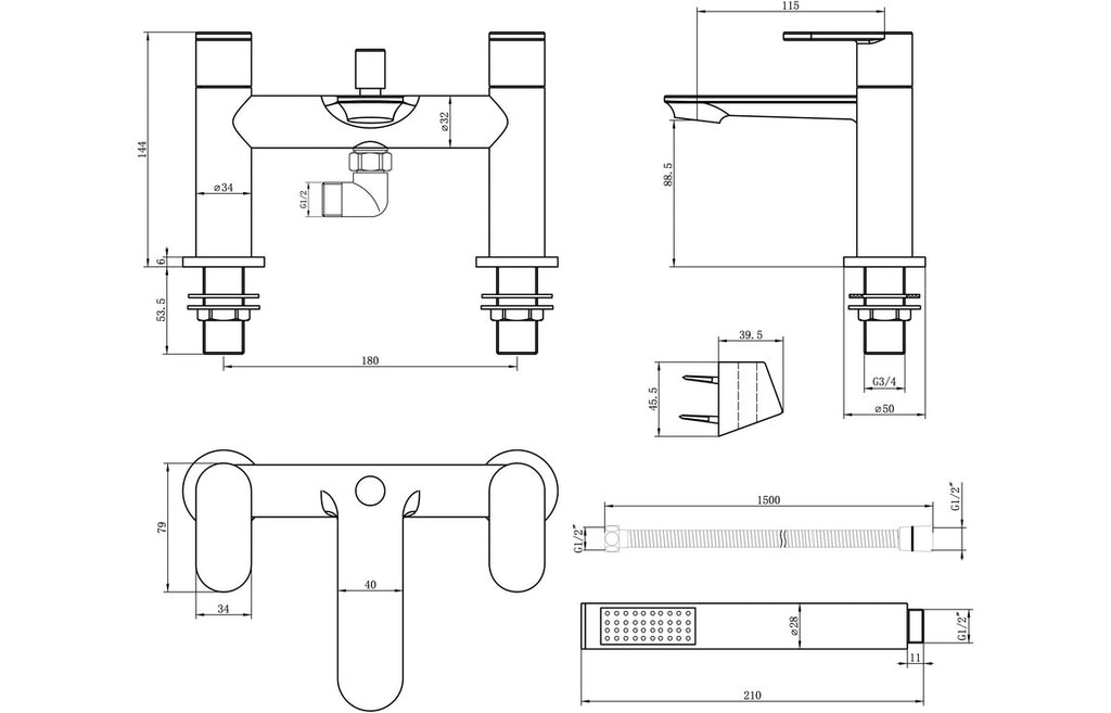 Tate Bath Filler with Shower Mixer & Bracket - Chrome