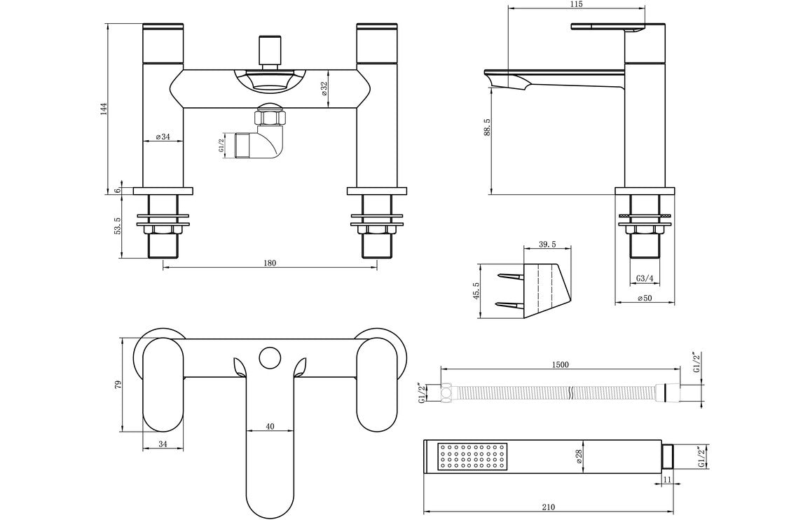 Tate Bath Filler with Shower Mixer & Bracket - Chrome