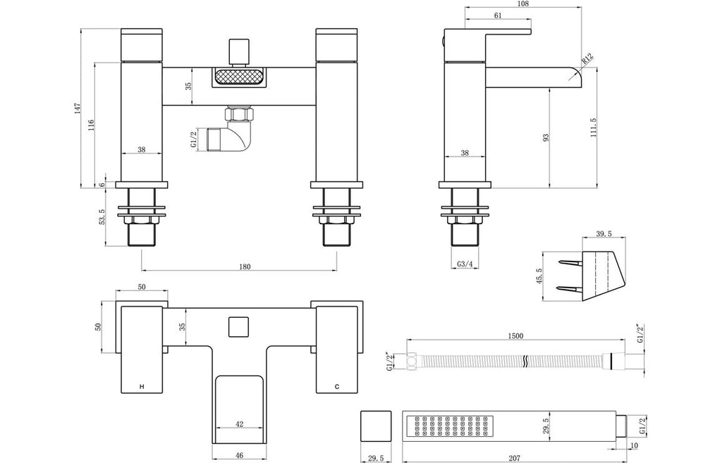 Hann Bath Filler with Shower Mixer & Bracket - Chrome