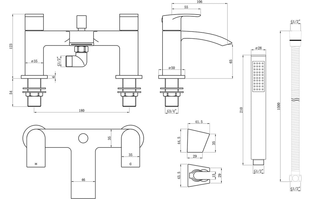 Kive Bath Filler with Shower Mixer & Bracket - Chrome