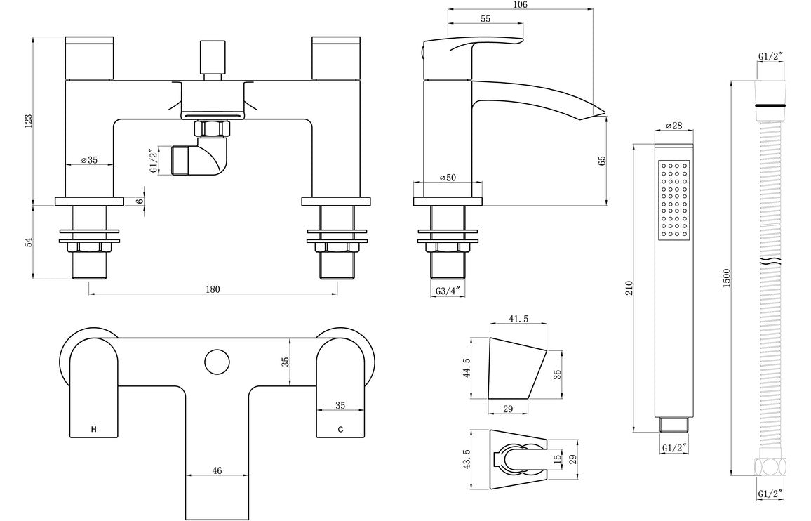 Kive Bath Filler with Shower Mixer & Bracket - Chrome