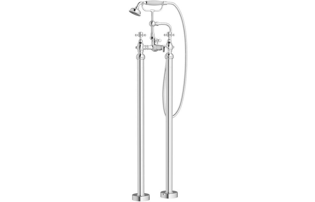 Kad Traditional Floor Standing Bath Filler with Shower Mixer - Brushed Brass, Chrome