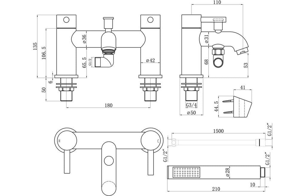 Lash Bath Filler with Shower Mixer & Bracket - Brass, Black, Chrome, Bronze