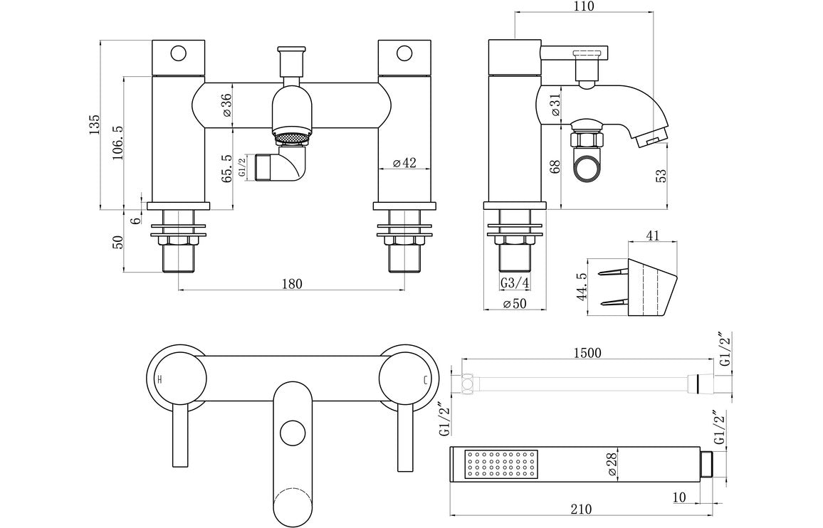 Lash Bath Filler with Shower Mixer & Bracket - Brass, Black, Chrome, Bronze
