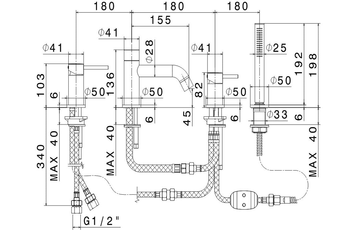 Maira Vema Premium 4-Hole Deck Mounted Bath/Shower Mixer - Black, Chrome