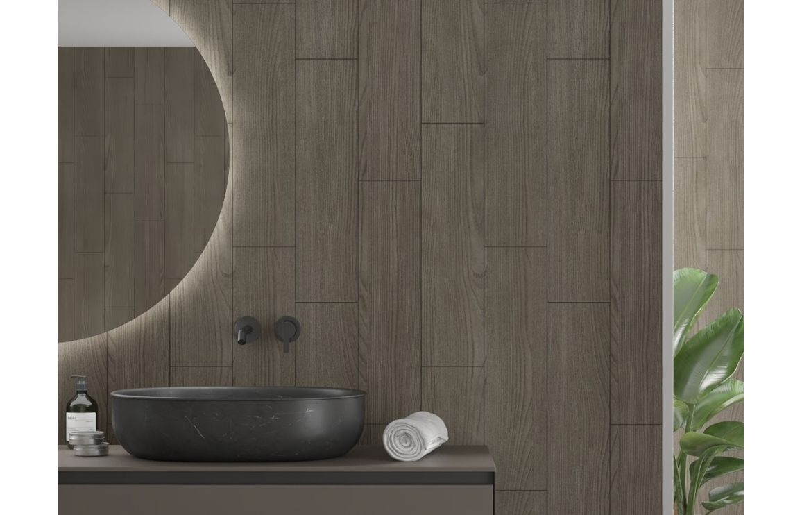 Dark Wood Scandinavian Vertical Plank Wood Effect Wall Panel - 2400 x 600 mm