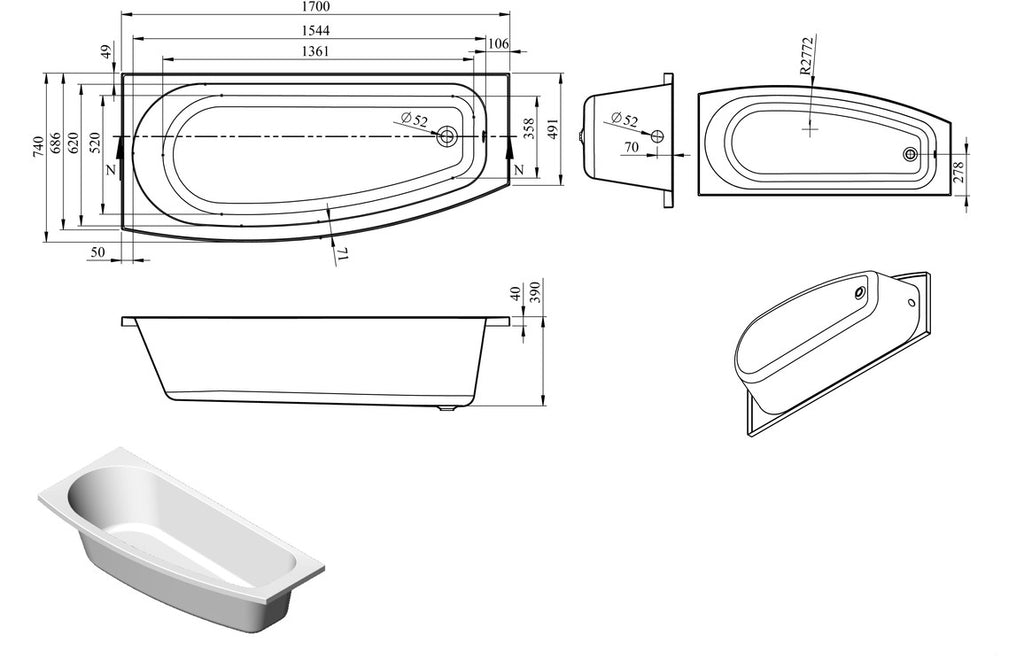 Changi Space Saving 1700x740x560mm 0TH Bath & Legs - Left/ Right Hand