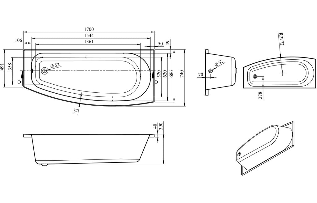 Changi Space Saving 1700x740x560mm 0TH Bath & Legs - Left/ Right Hand