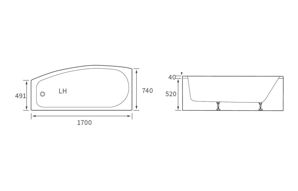 Changi Space Saving 1700x740x560mm 0TH Bath & Legs - Left/ Right Hand