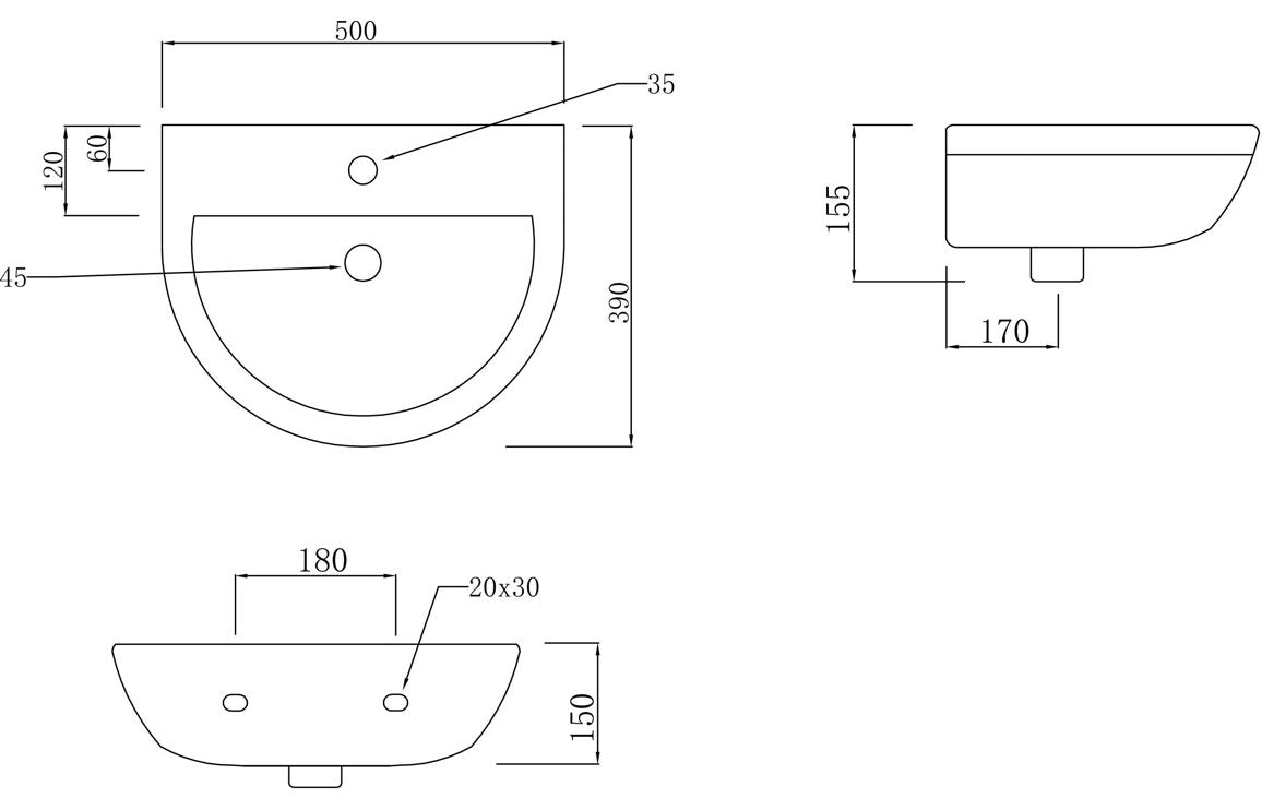 Rasna 500 X 390mm 1 Tap Hole Basin & Full Pedestal