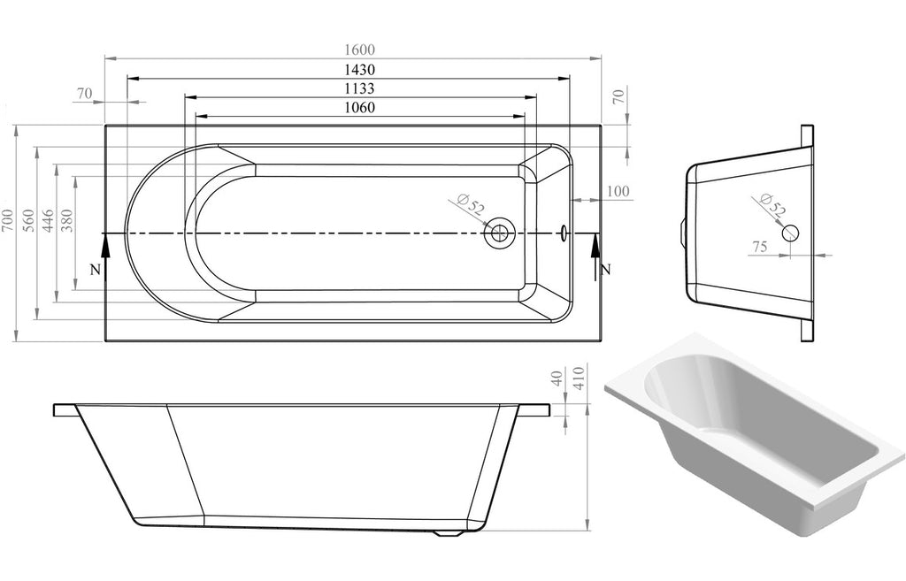 Hawai Round Single Ended 1500/ 1600/ 1700/1800 X 700/ 750/ 800 mm 0TH Bath & Legs